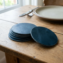 Leren Onderzetters - Denim - Rond - 6 stuks