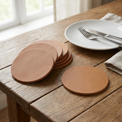 Leren Onderzetters - Lichtbruin - Rond - 6 stuks