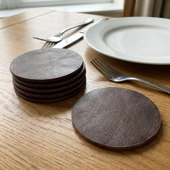 Leren Onderzetter - Donkerbruin - Rond - 6 stuks